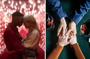 Taylor Swift is cuddling on the left with a couple on the right holding hands