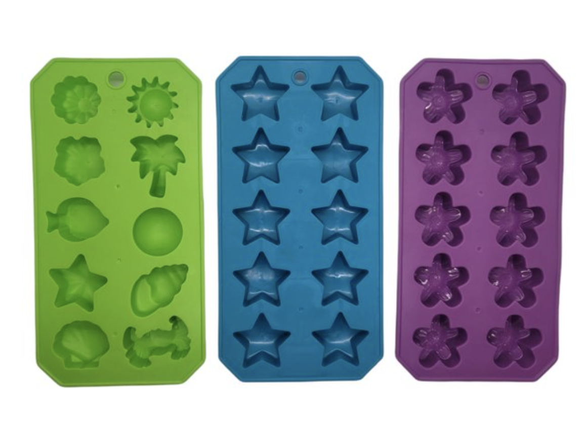 silicone ice trays in the shapes of palm trees, stars, flowers