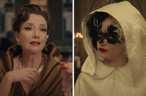 Cruella is on the left in a mask with the Baroness on the right