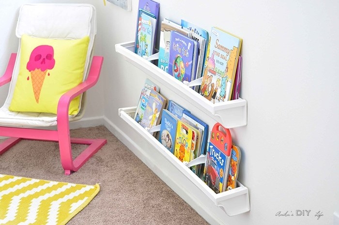Blogger&#x27;s photo of bookshelves made from rain gutters