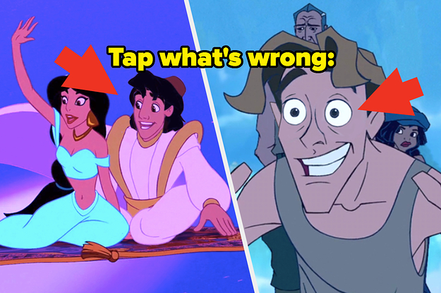 Scenes from Aladdin and Atlantis: The Lost Empire with text, "Tap what's wrong"