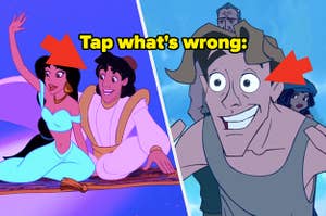 Scenes from Aladdin and Atlantis: The Lost Empire with text, "Tap what's wrong"