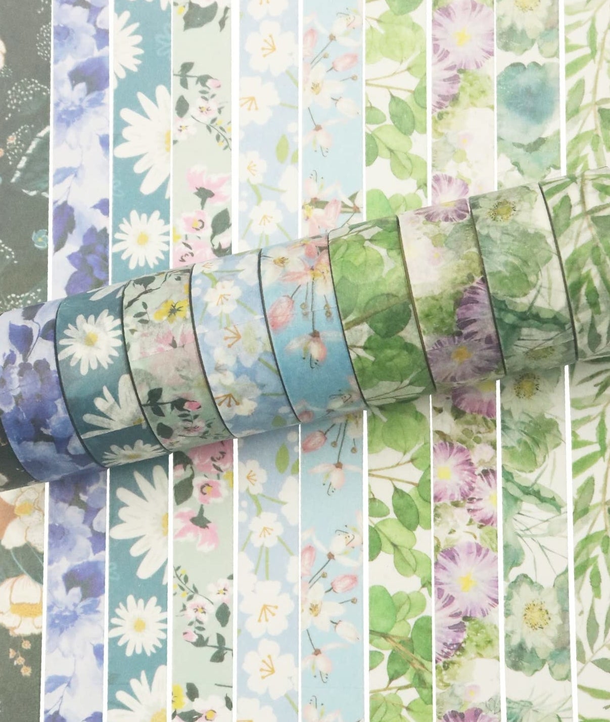 a set of spring-themed washi tape rolls