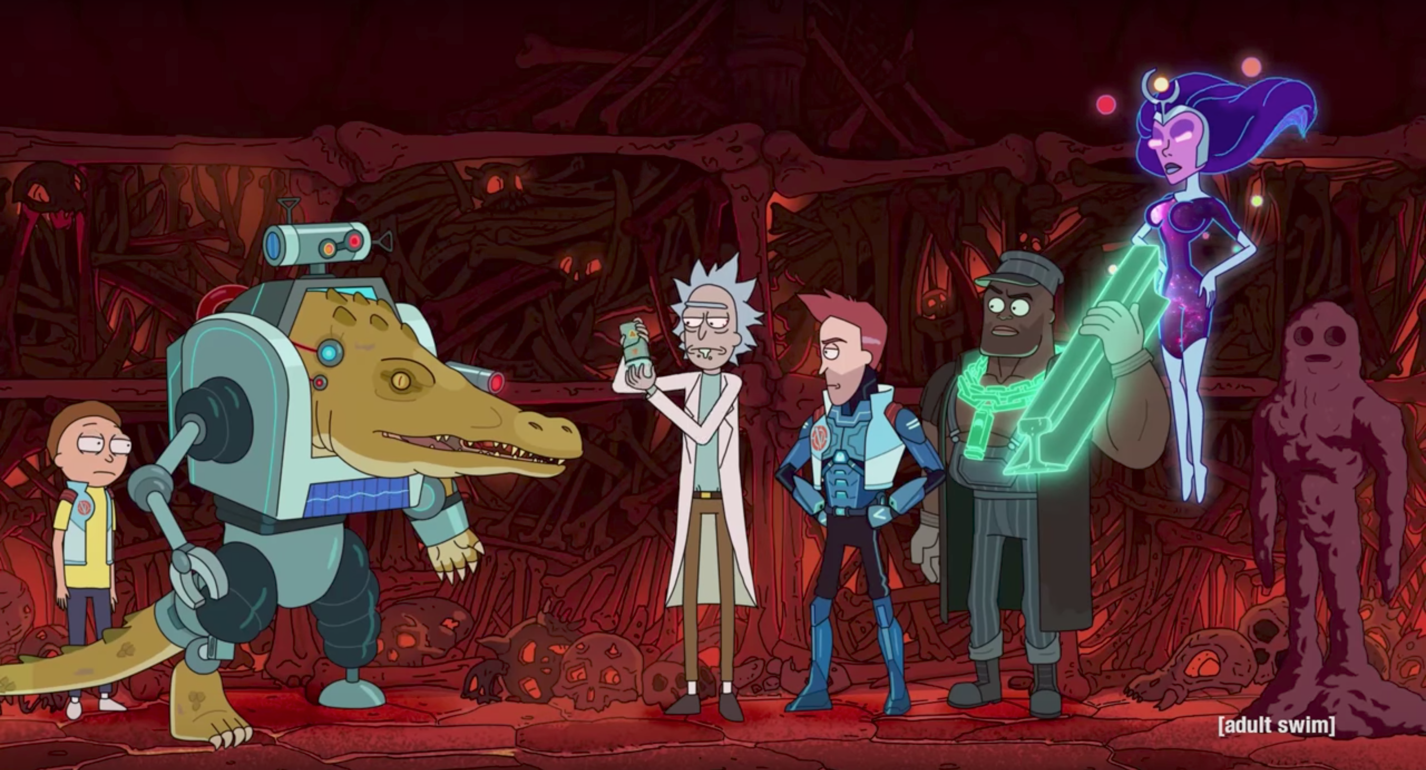 Morty, Crocubot, Rick, Vance Maximus, Alan Rails, Supernova, and One Million Ants stood in a line, everyone is watching Rick holding a device in his hands