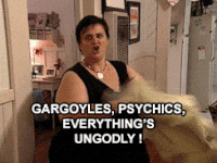 a woman throws a blanket on the floor and says, &quot;Gargoyles, psychics, everything&#x27;s ungodly!&quot;