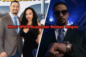 Roman Reigns and his wife pose and Roman Reigns looking at his watch