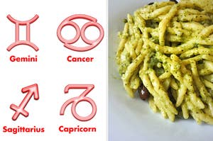 A Gemini, Cancer, Sagittarius, Capricorn sign is on the left with pesto pasta on the right