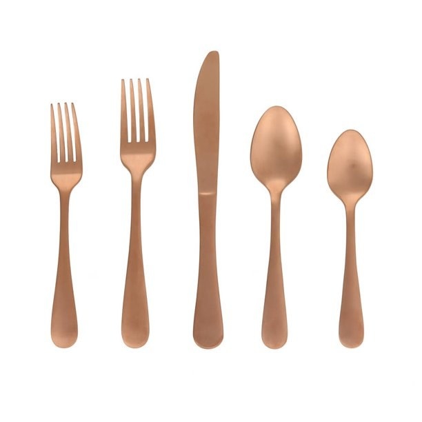 Rose gold flatware set from left to right: small fork, fork, knife, spoon, small spoon