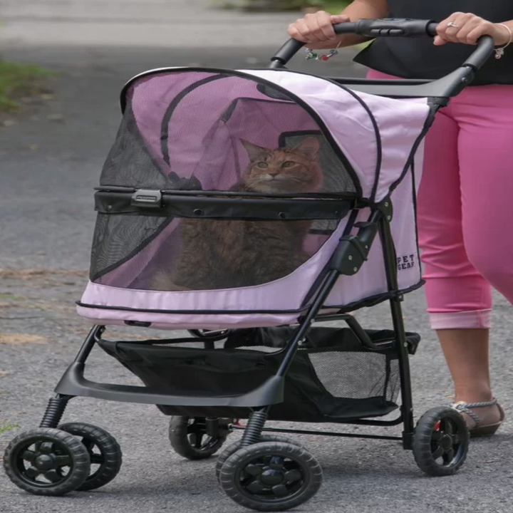 A cat being pushed in the stroller with the top closed