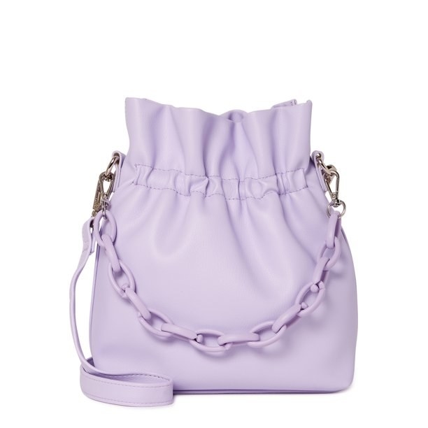 Purple mini bag with purple chain draped around front