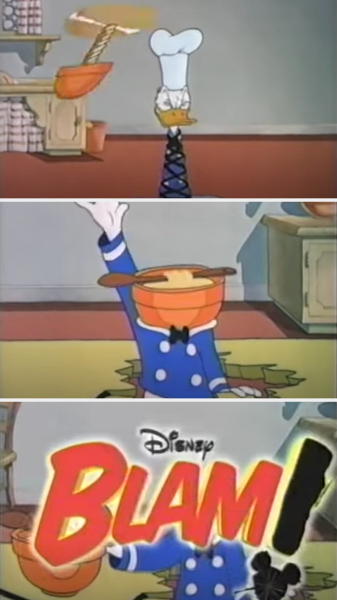 Donald duck getting hit in the head with a pot of food and the words BLAM written in huge letters across the screen