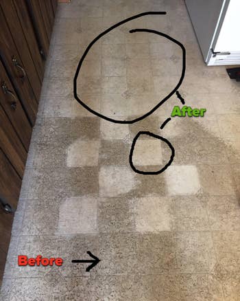 Reviewer image of dirty and clean floor from steam cleaner
