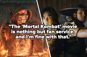 Various characters from Mortal Kombat with text reading "The Mortal Kombat movie is nothing but fan service and I'm fine with that"