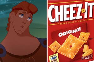 Hercules is on the left with a box of Cheez-Itz on the right