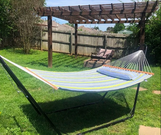 Reviewer photo of the blue/green hammock with stand