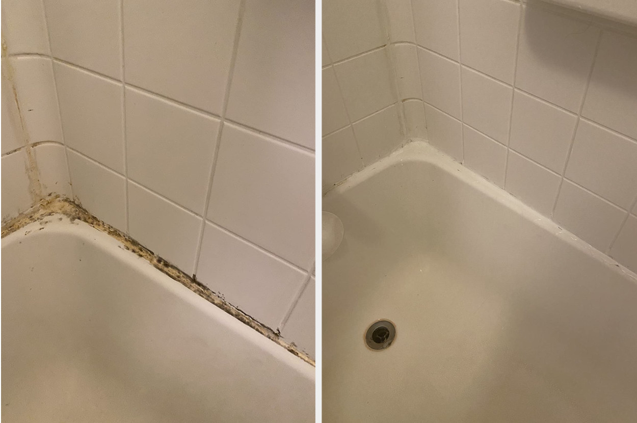 before and after of the caulking on a reviewer&#x27;s tub, the left side looking extremely gross and dirty, and the right side looking clean after using the mold and mildew remover