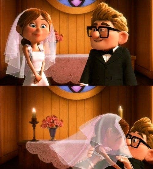 Carl and Ellie from &quot;Up&quot; kissing at their wedding