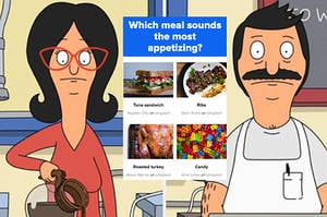 Linda Belcher pours coffee into a mug and Bob Belcher stares straight ahead blankly