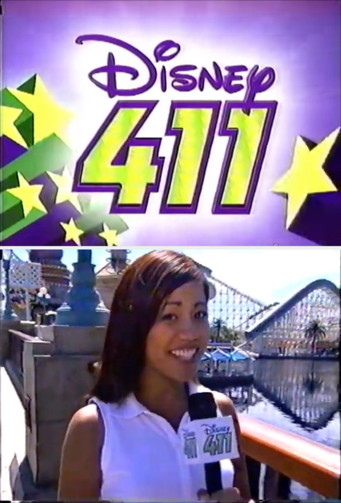 a host standing outside of a theme park with mic in hand