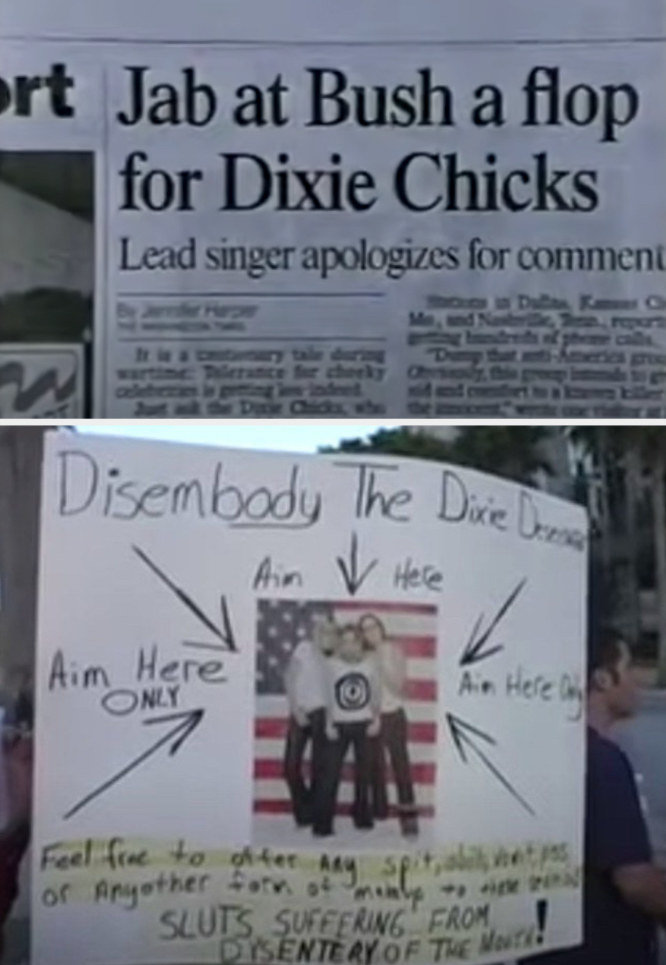 Newspaper headline that reads: &quot;Jab at Bush a flop for Dixie Chicks;&quot; Chicks protesting after their George W. Bush comments