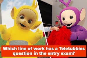 A yellow Laa-Laa holding their thumbs up, beside a purple Tinky-Winky holding a red feather bower.