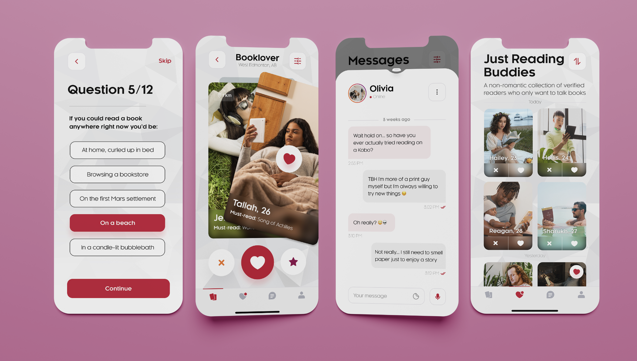 Various screens from the app, including "Just Reading Buddies" and "Booklover"