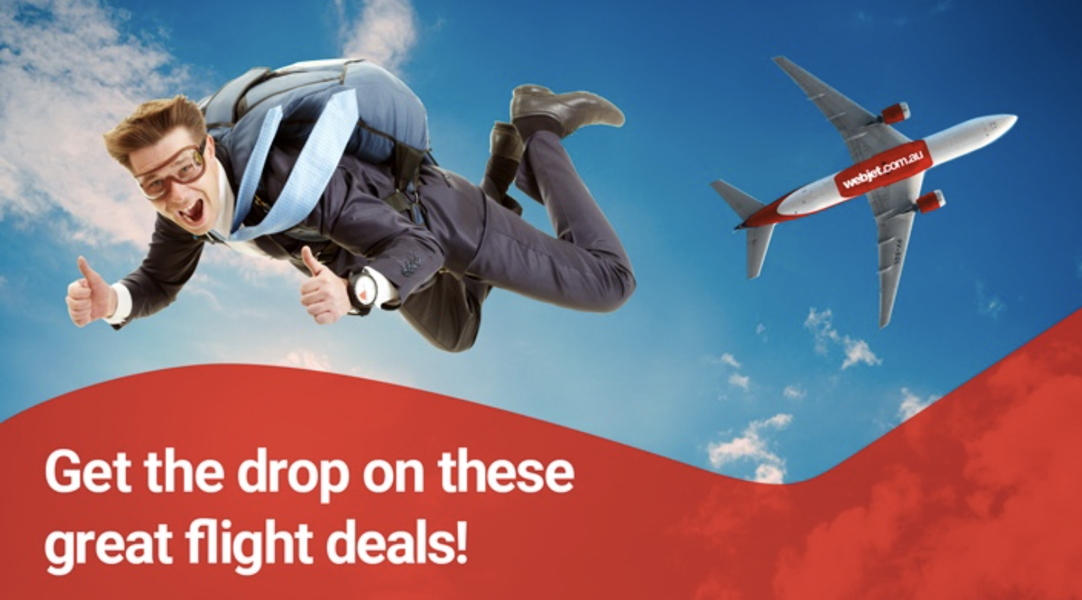 Man with a parachute backpack giving a thumbs-up in the sky: "Get a drop on these great flight deals!"