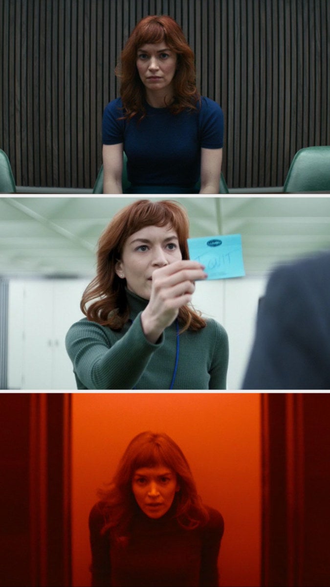 Helly looking determined and holding up a card that says "I quit"