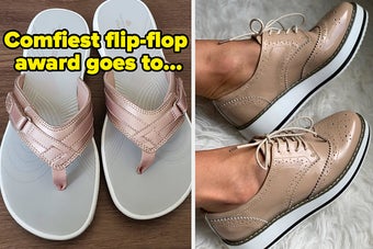 L: a reviewer photo of a pair f flip-flops and text reading "comfiest flip-flop award goes to...", R: a reviewer wearing a pair of platform oxford shoes 