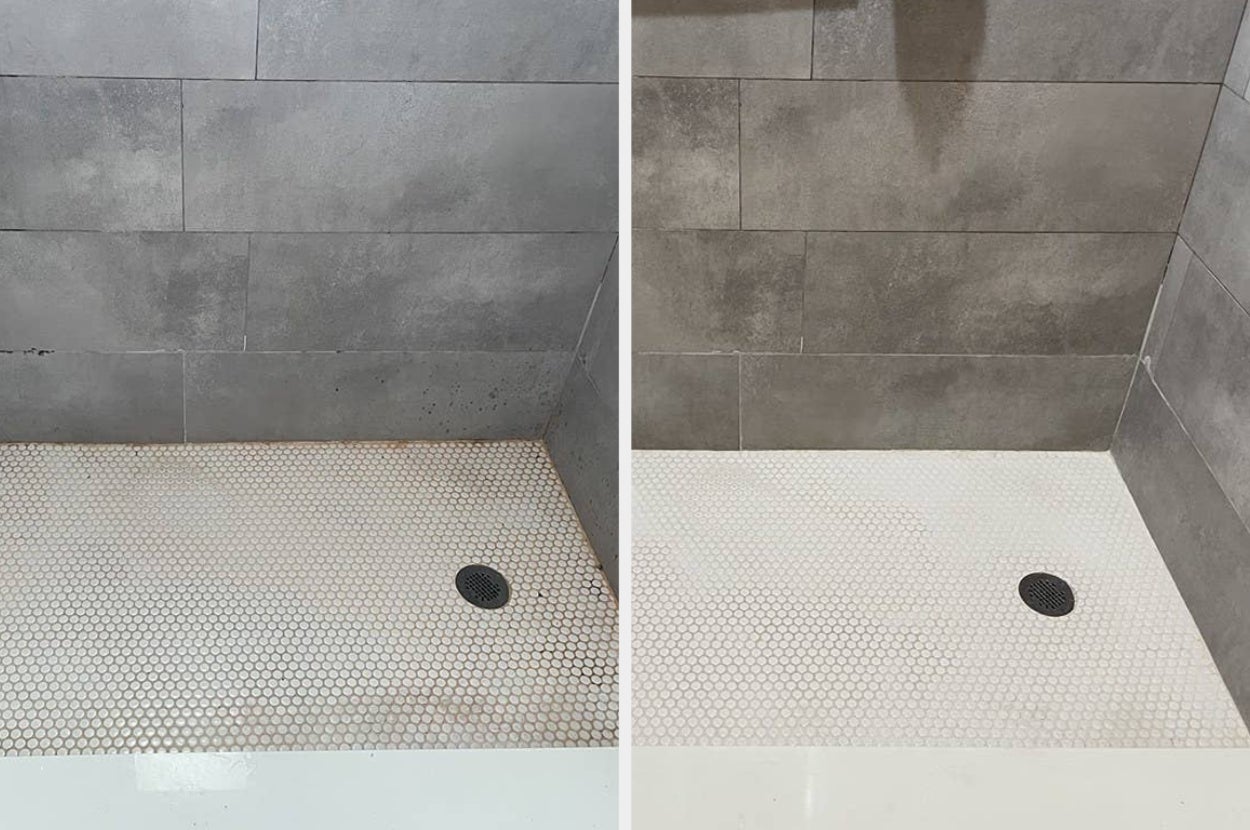 Reviewer's shower floor before and after using cleaner