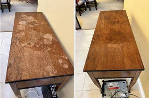 Reviewer's table before and after using wood conditioner