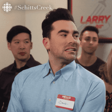 David Rose in Schitt&#x27;s Creek wearing a name tag and button-up shirt saying, That&#x27;s true
