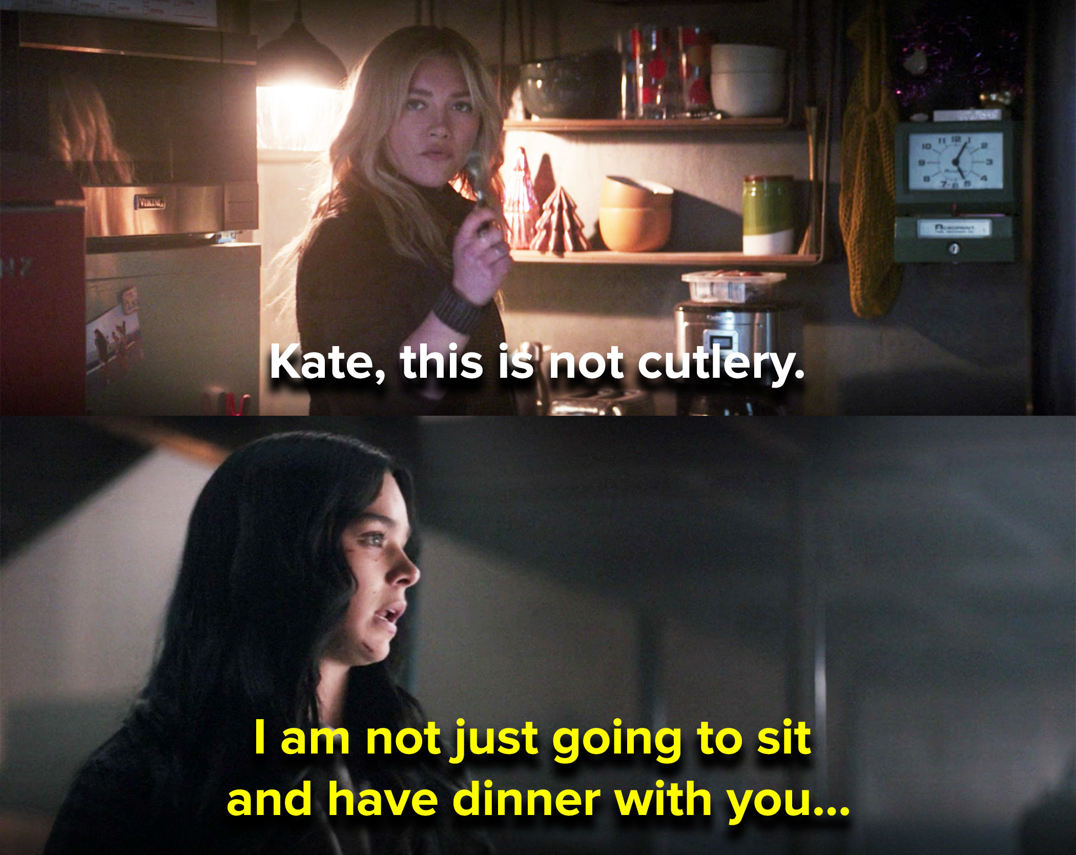 Yelena teases Kate for using plastic takeout cutlery, and Kate tries to get her to leave