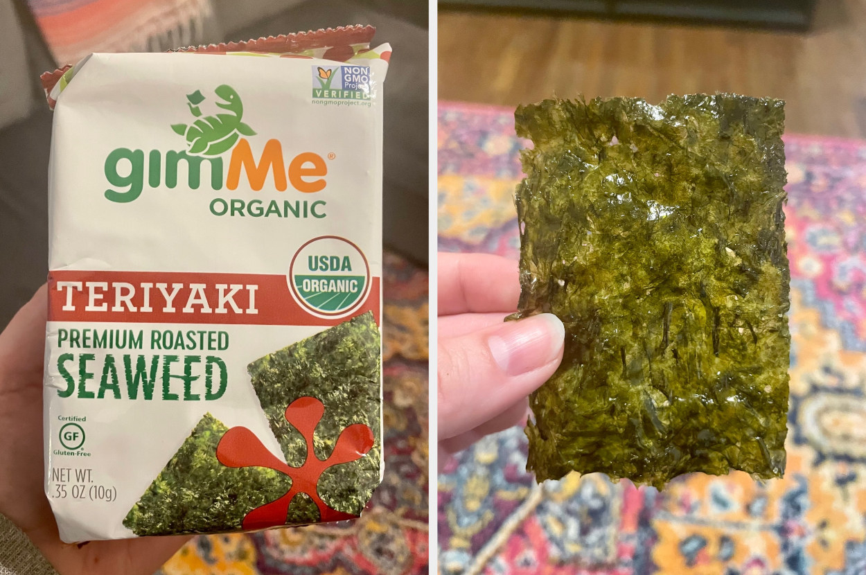 a pack of teriyaki flavored seaweed next to a single piece of dried seaweed