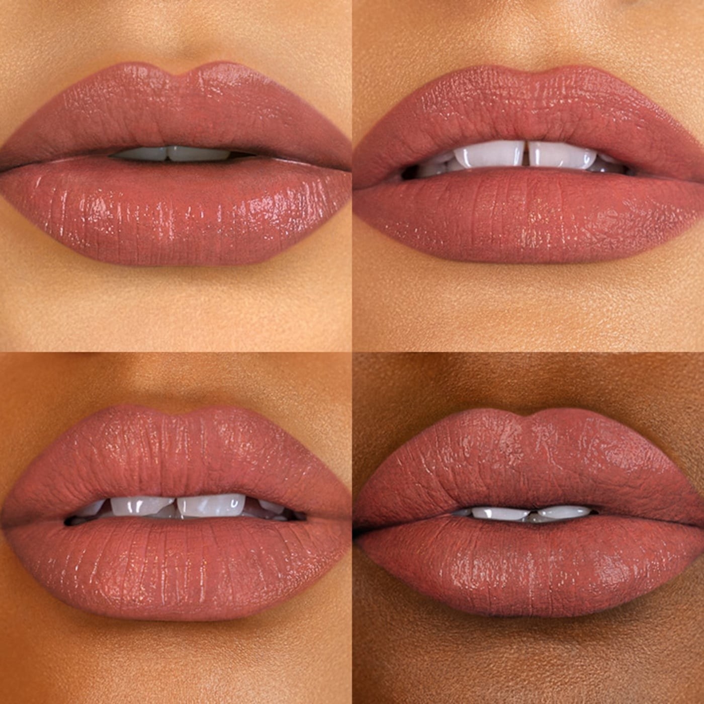 Models with four different skintones  wearing pink lipstick