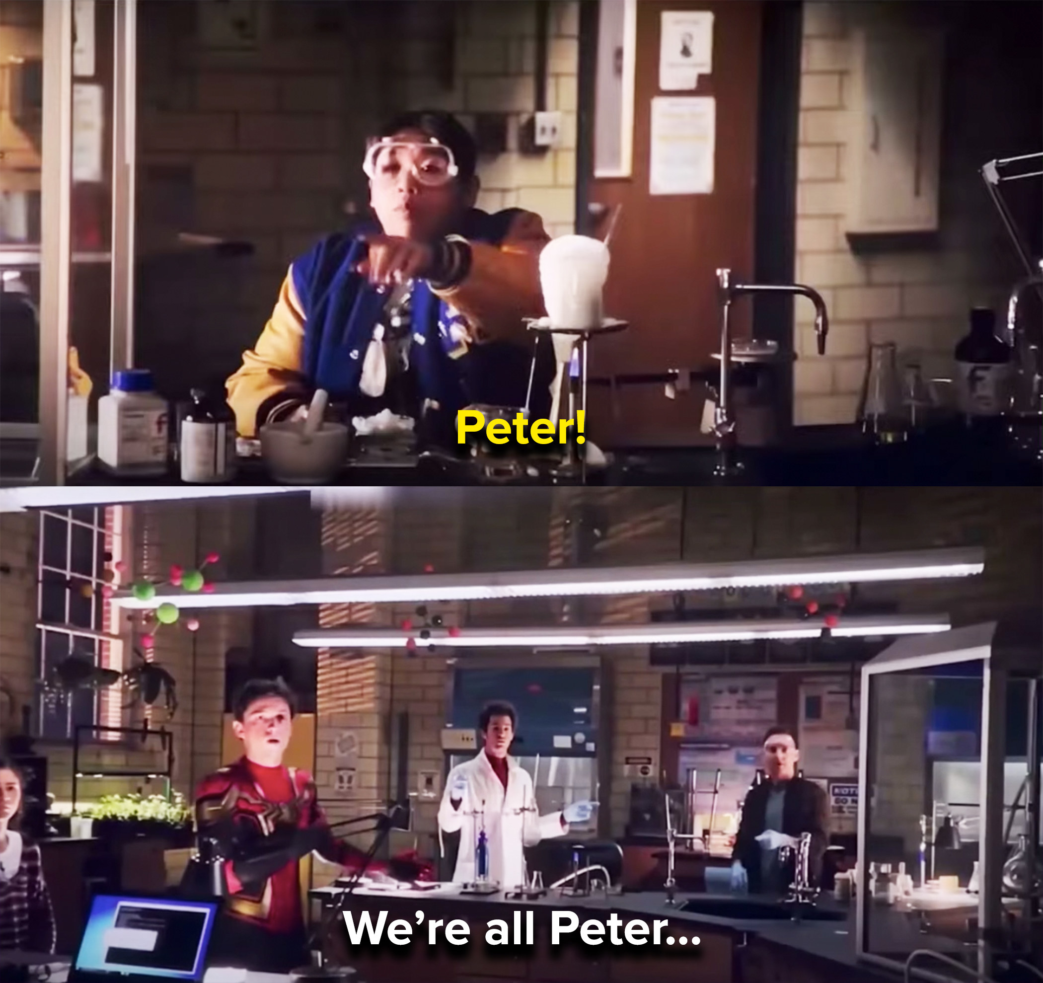 Ned calls for Peter, but all three Peters point to each other, trying to figure out which one he means