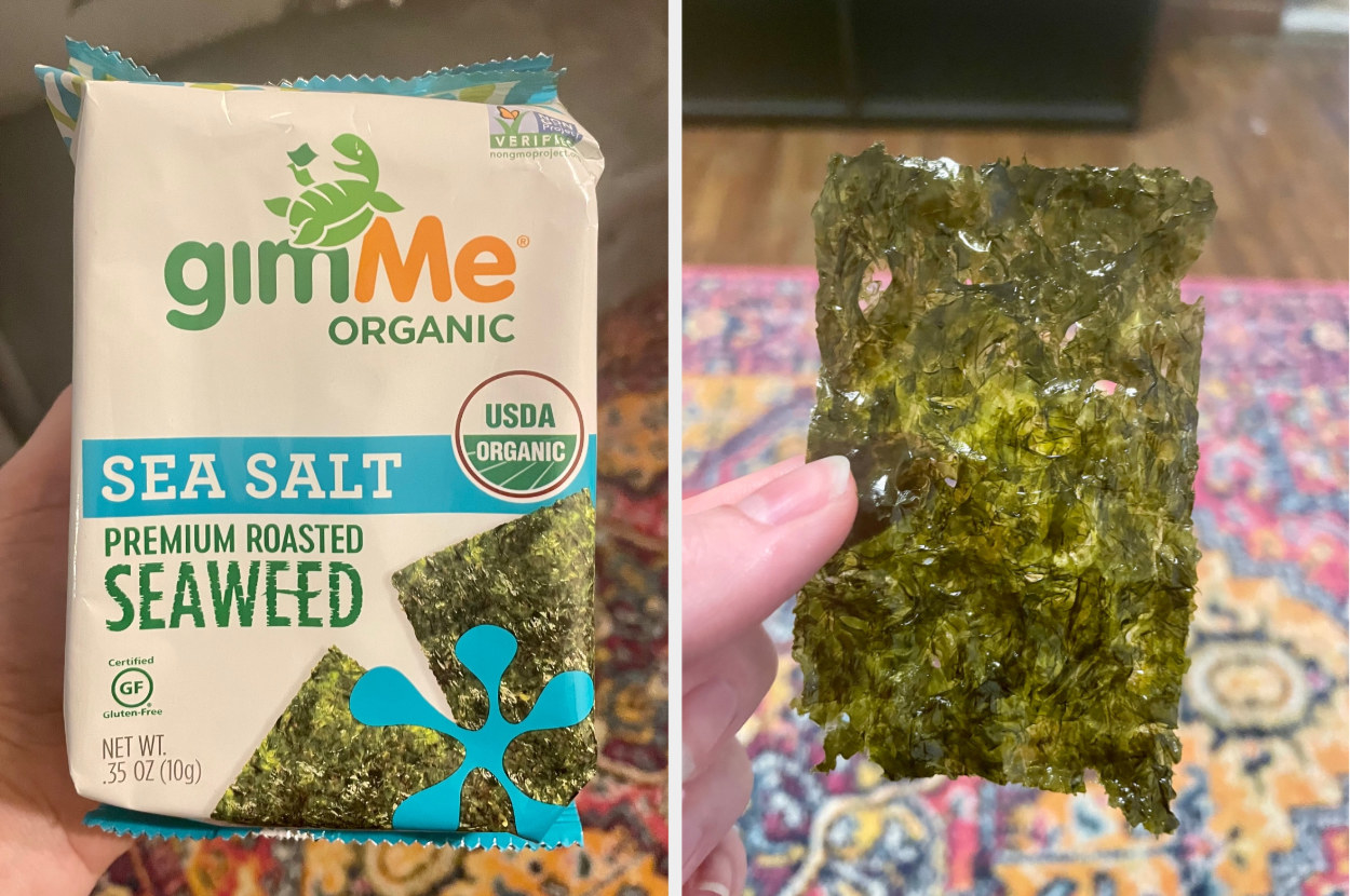 pack of seat salt flavored seaweed next to a single piece of dried seaweed