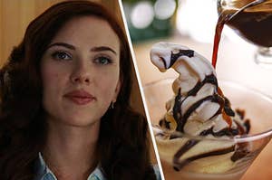 A close up of Natasha Romanoff as she smiles and hot fudge is being poured over an ice cream sundae
