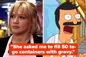 hilary duff with an apron next to bob belcher yelling