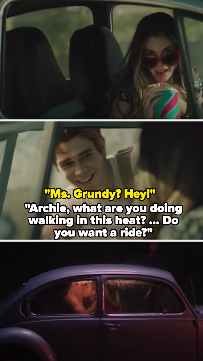 Mrs. Grundy sees Archie walking in riverdale and offers him a ride – they later have sex in her car