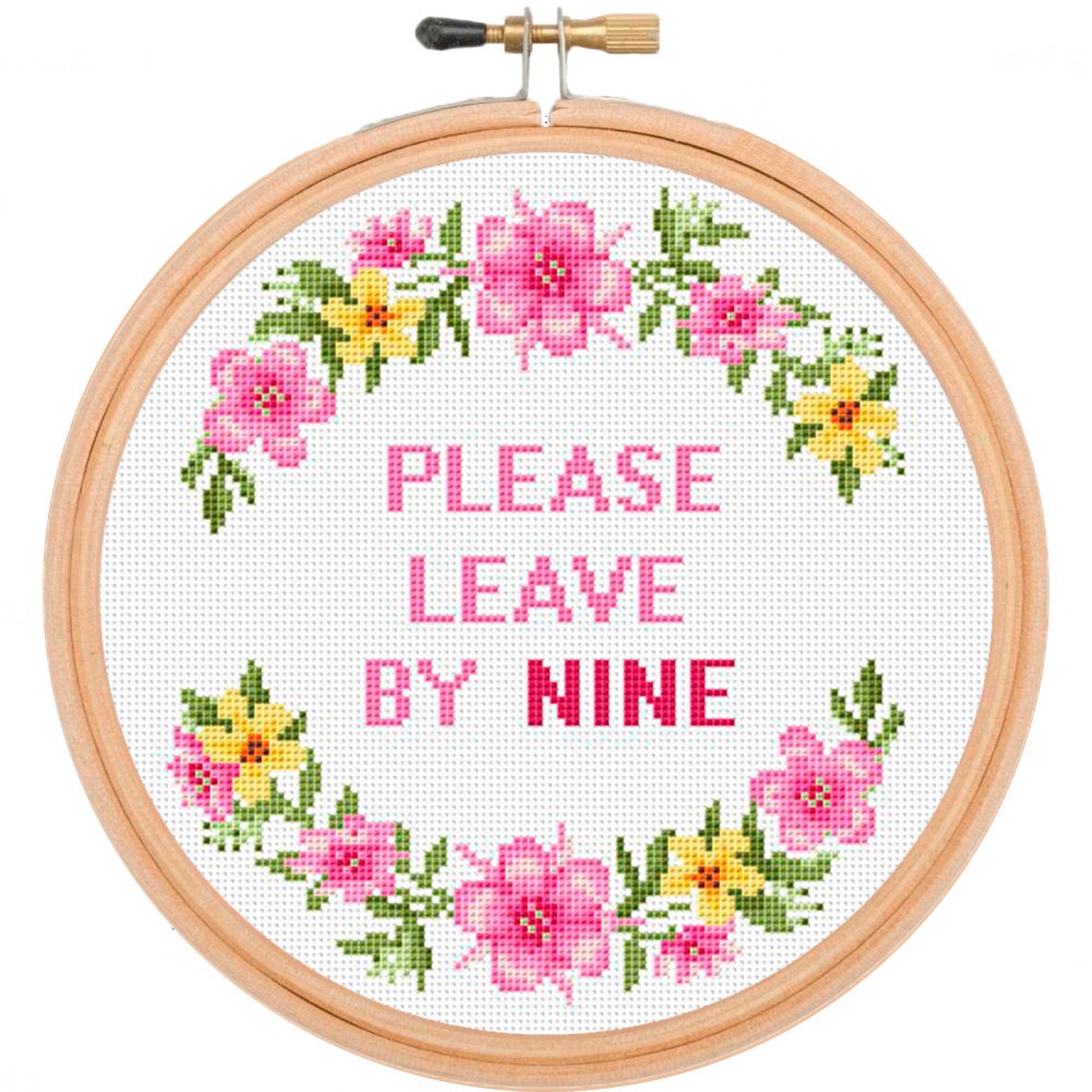 Cross-stitch that says, &quot;Please leave by nine&quot;