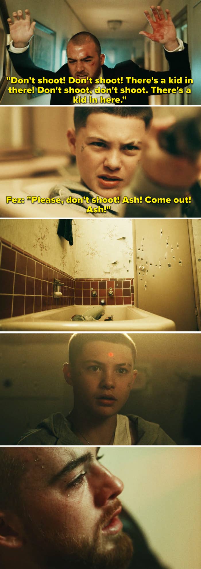 Fez screaming "Don't shoot" as Ashtray and the swat team shoot at each other