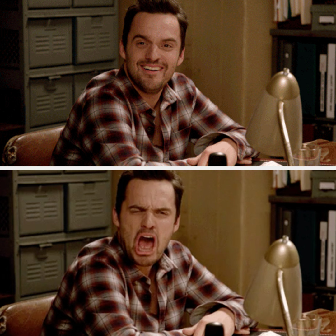 Nick smiling then looking grossed out on New Girl