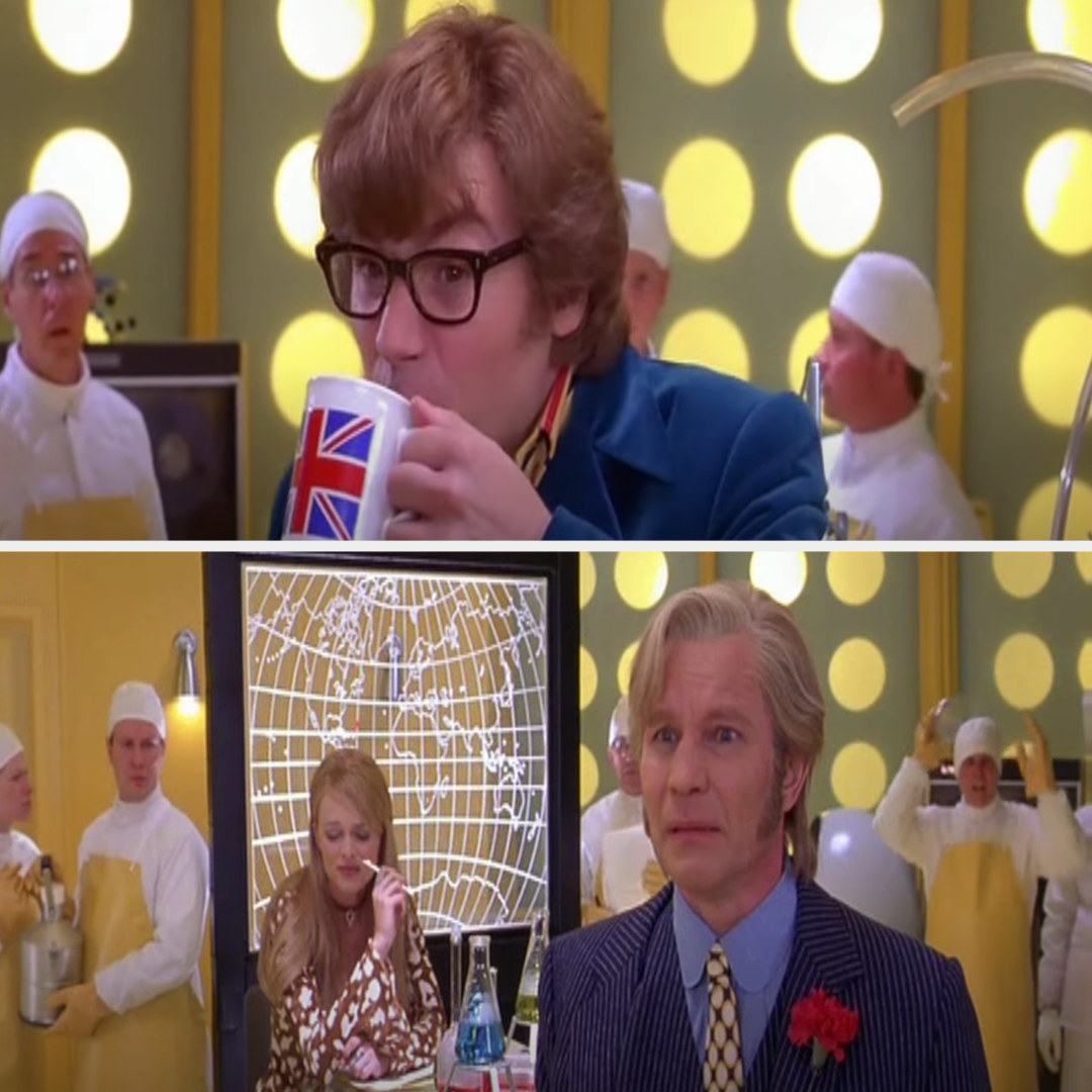 Austin drinking poop in Austin Powers and Basil looking disgusted
