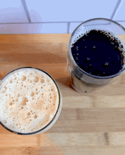 Frothy top of Nitro Pepsi next to a bubbling overhead shot of regular Pepsi