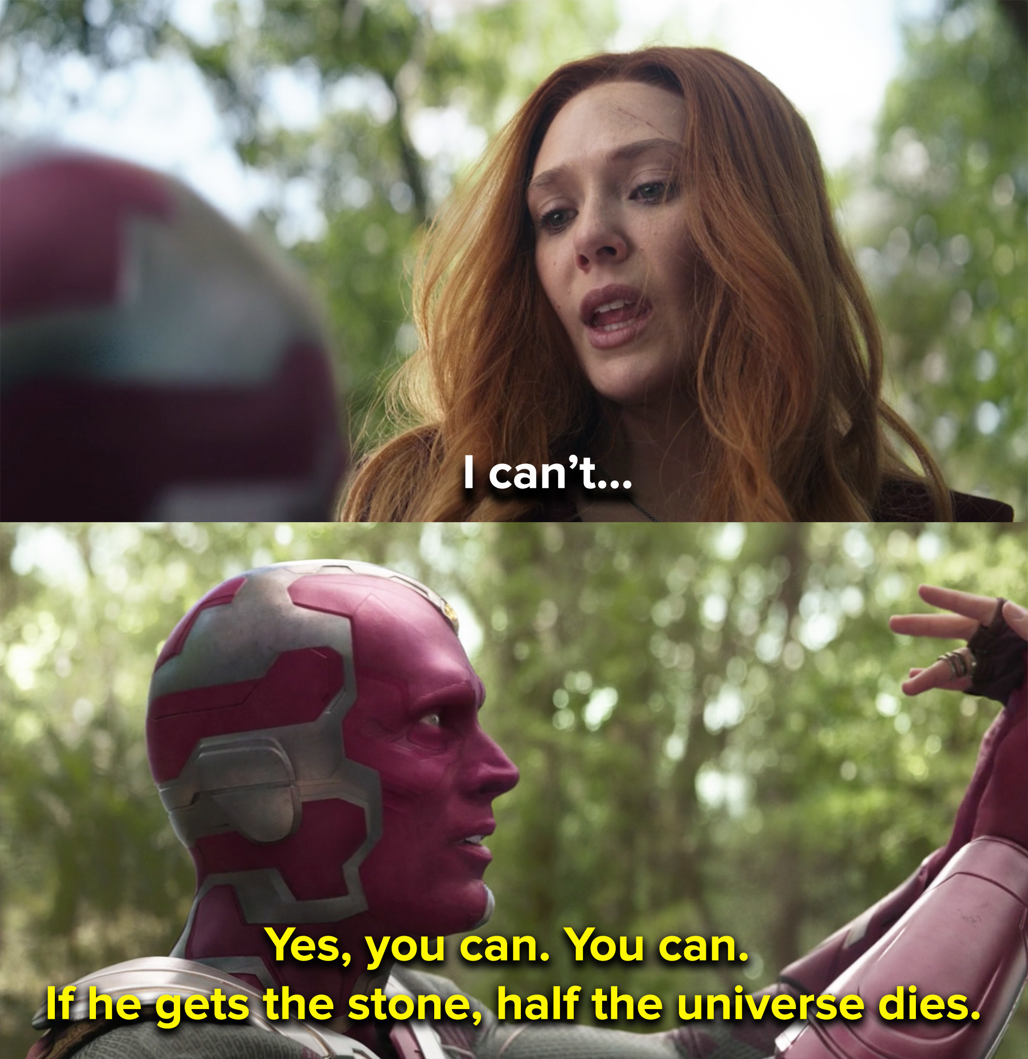 shaking, Wanda says she can&#x27;t destroy the stone, but Vision reminds her that if Thanos gets the stone, half the universe dies