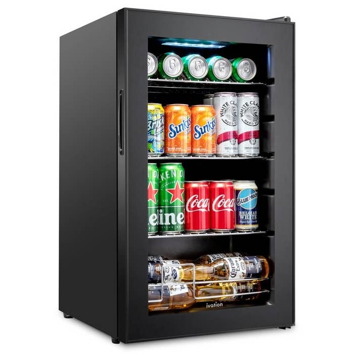 An image of a freestanding refrigerator that can hold 100 cans