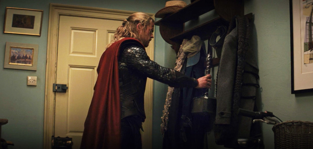 entering Jane&#x27;s apartment, Thor politely hangs his hammer on the coat rack