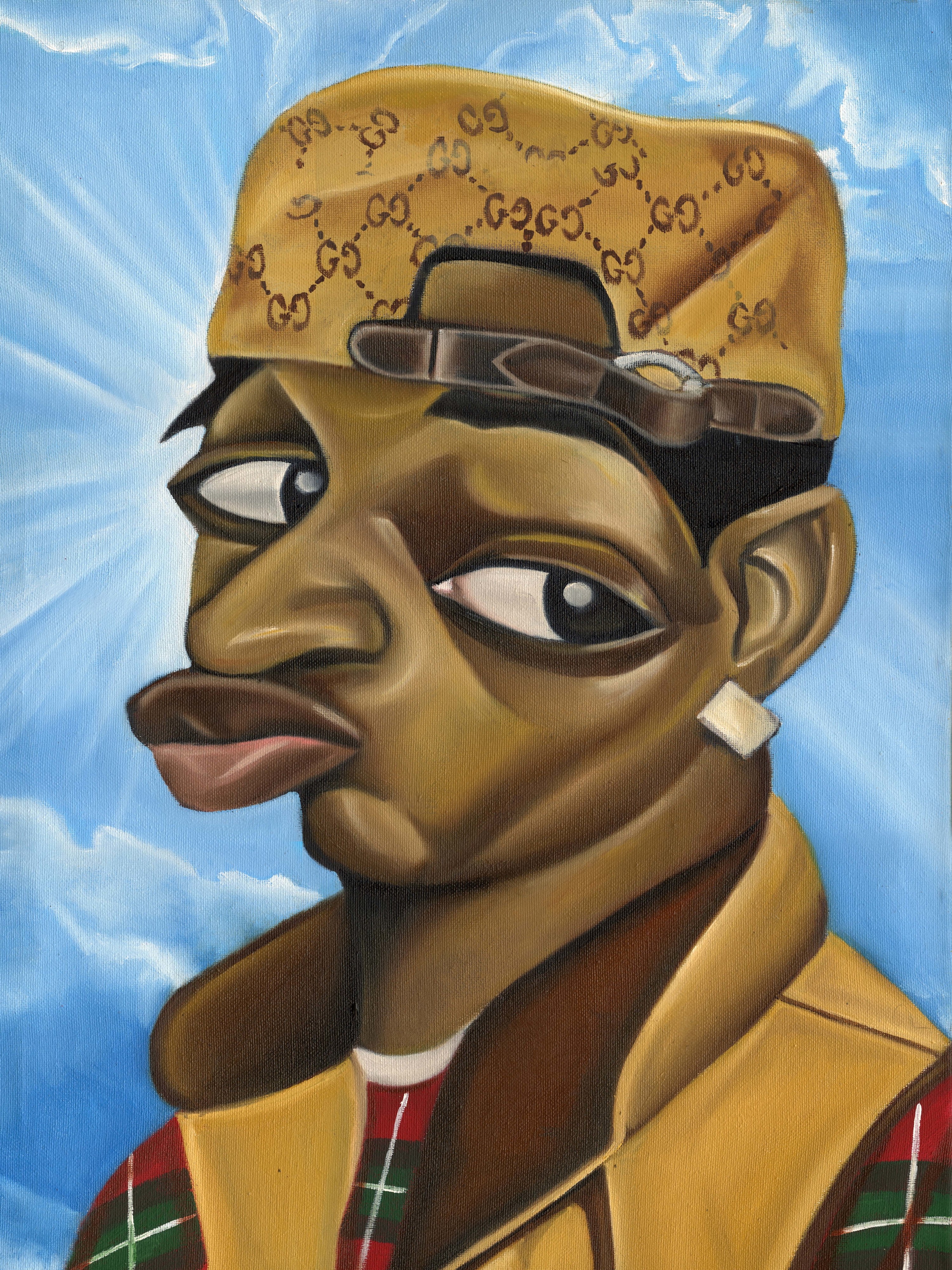 An oil painting of rapper Conceited giving a side-eye