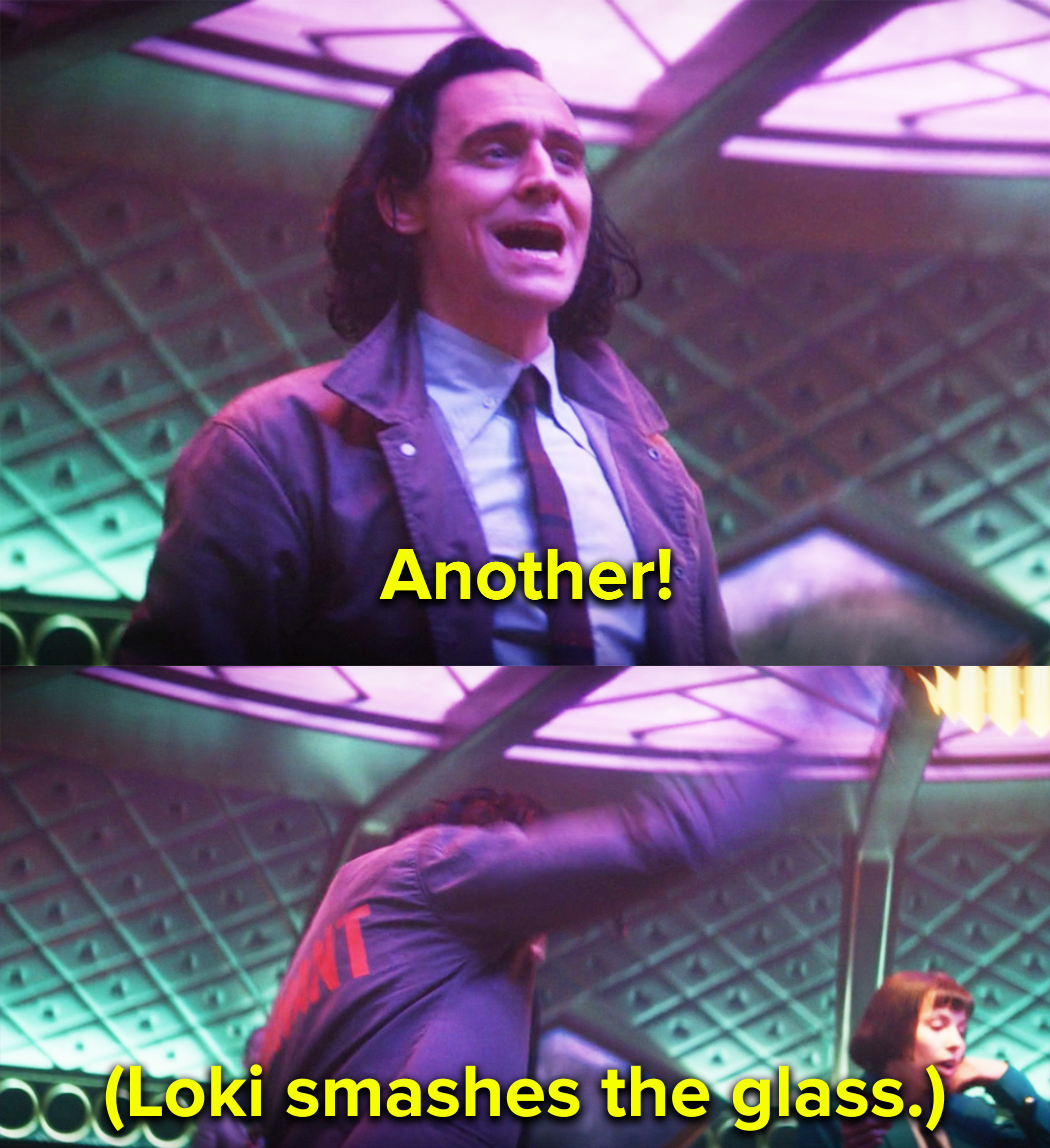 Loki cheers for another drink than smashes his glass on the floor